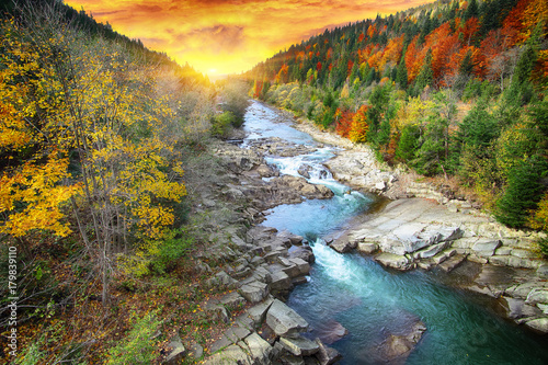 Fototapeta Naklejka Na Ścianę i Meble -  Autumn creek woods with colorfull trees foliage and rocks in forest mountain