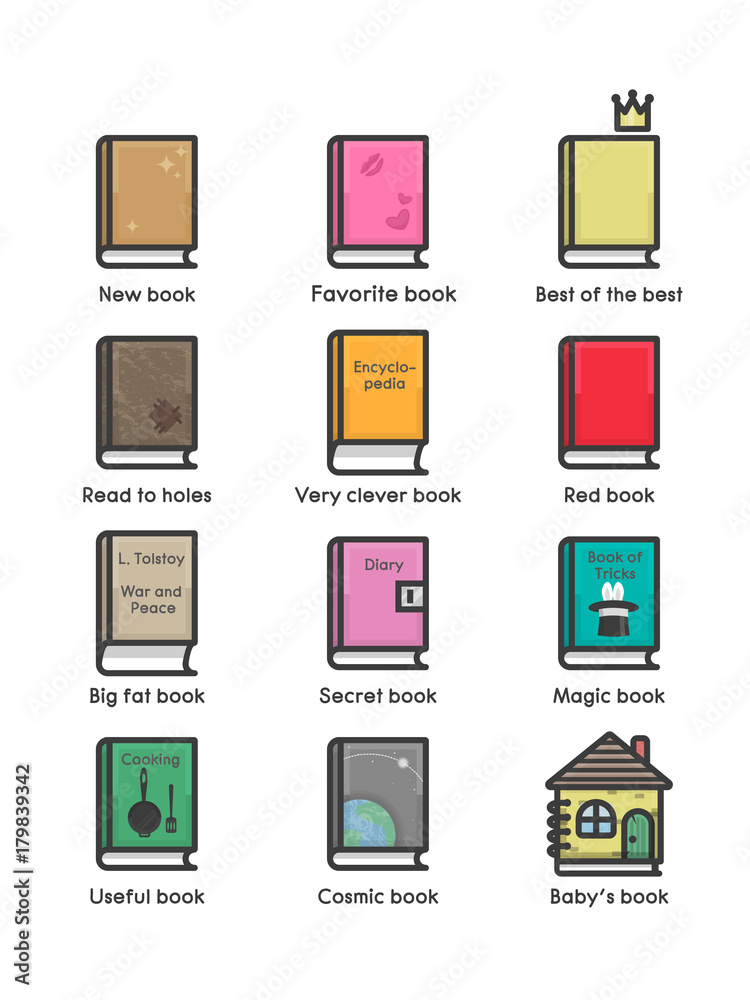 Set of 12 book icons of different genres. Flat design. Humor. Set of 12 book icons of different genres. Flat design. Humor.