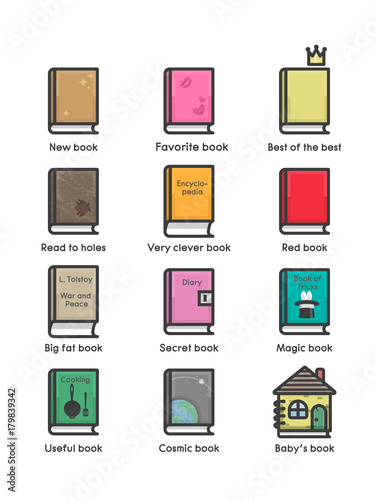 Set of 12 book icons of different genres. Flat design. Humor.