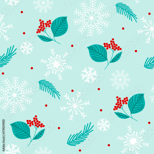 Christmas winter pattern with flower and snowflakes.