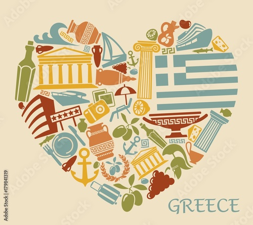 Symbols of Greece in the form of heart