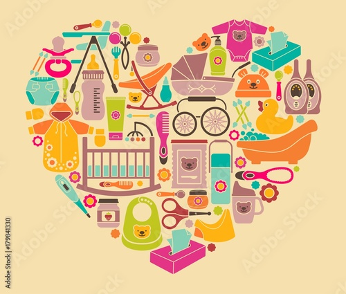 Icons of products for newborns in the form of a heart