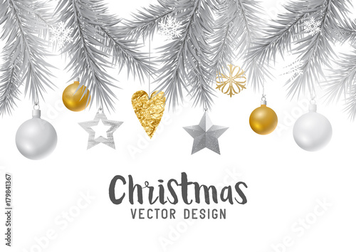 Festive gold and silver christmas background with fir branches, decorations and baubles. Vector illustration