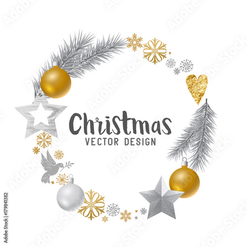 Silver and gold decorated Christmas Wreath. Vector illustration.