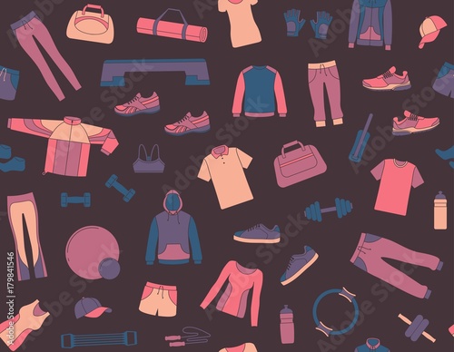 Seamless background with clothes and accessories for fitness