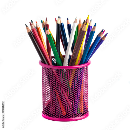 color pencils in the red metal grid container isolated on white with clipping path