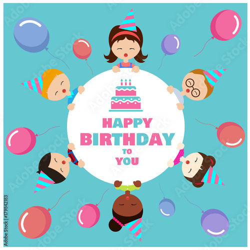 Happy birthday to you text in circle and kids party and balloon on blue background vector design