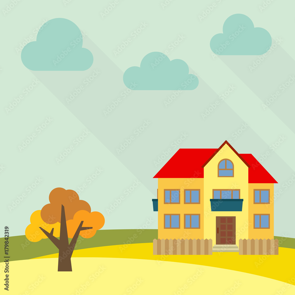 Lone two-storey house in a field with an yellow tree. Vector illustration.
