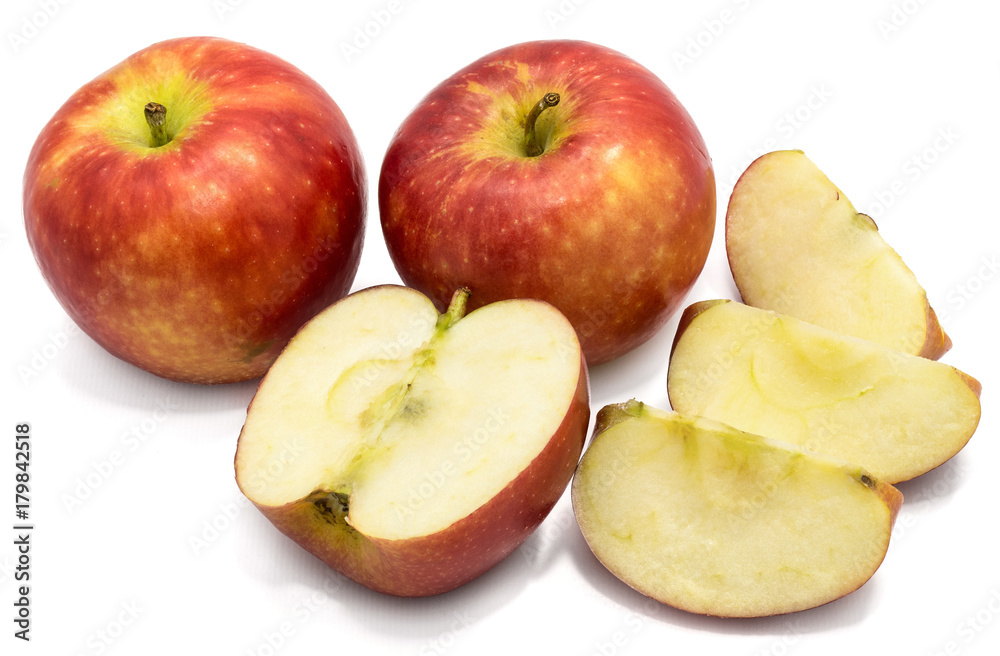Two whole Kanzi apples, one half, three slices, isolated on white background Two whole Kanzi apples, one half, three slices, isolated on white background