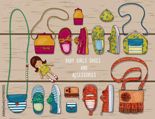 Illustration of a set of accessories for girls. Shoes, purses and bags for girls