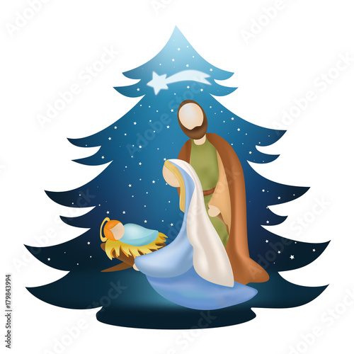 Christmas tree nativity scene with holy family on blue background