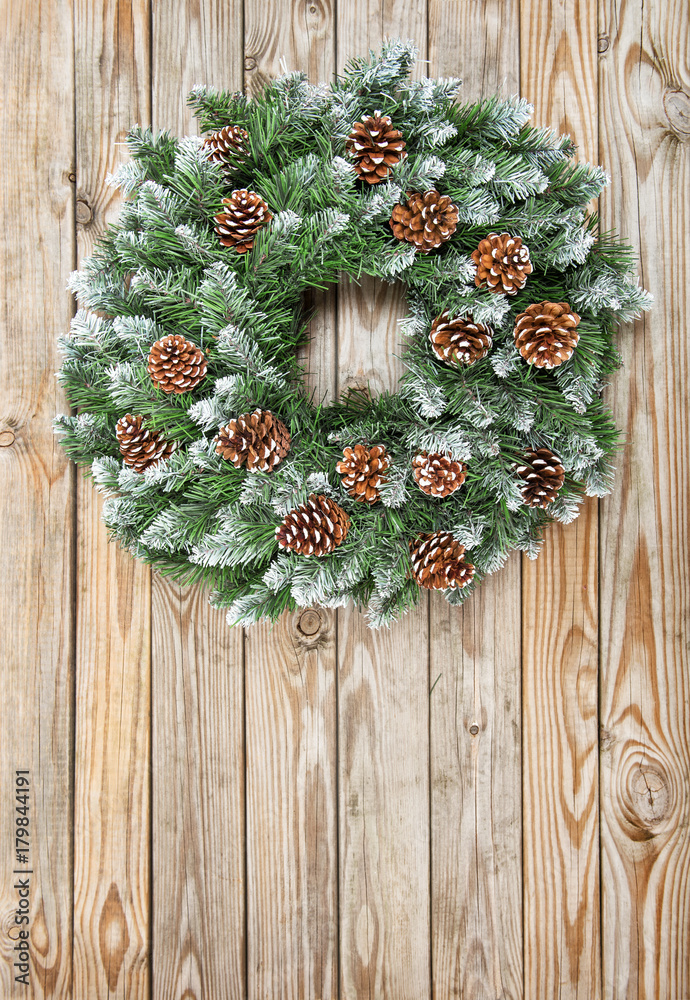 Christmas wreath decoration rustic wooden background Christmas wreath decoration rustic wooden background