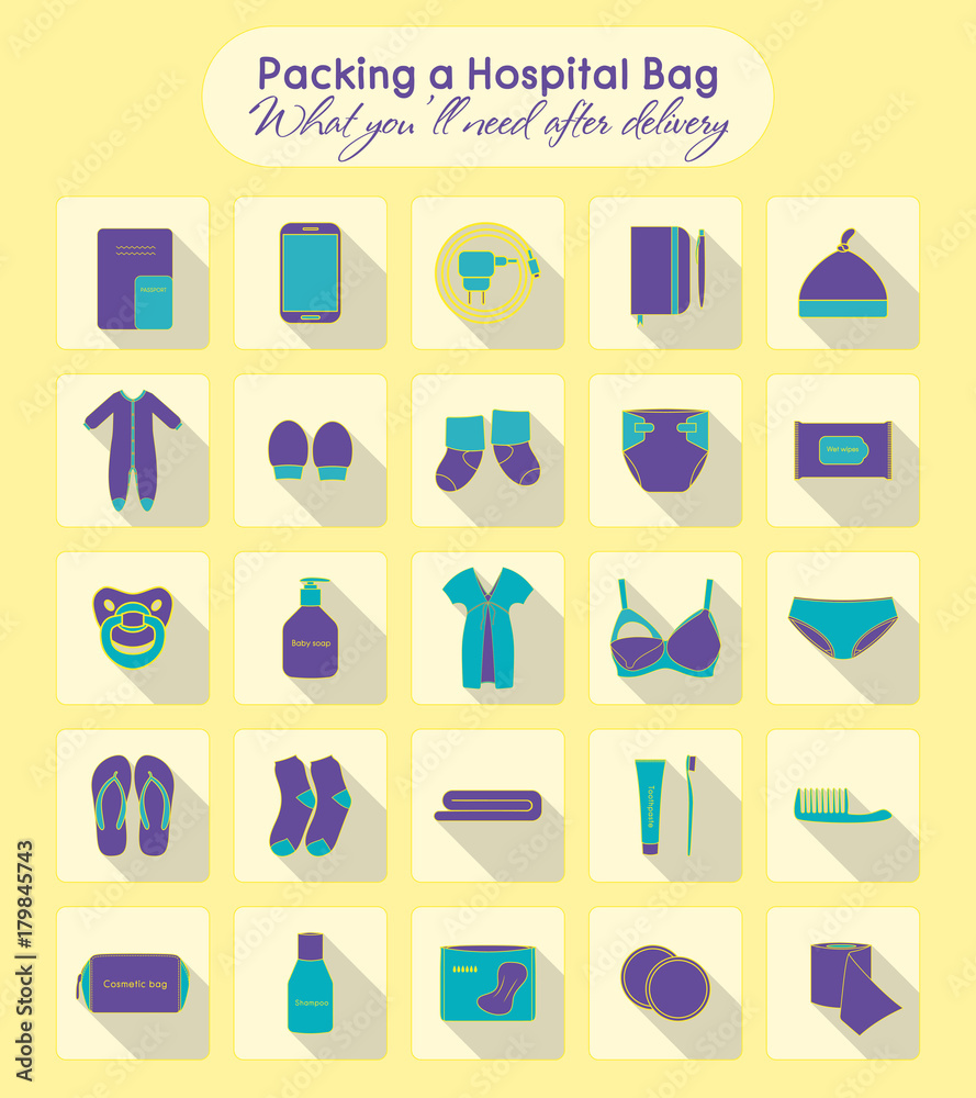 Illustration of things that you'll need after delivery. Packing a hospital bag Illustration of things that you'll need after delivery. Packing a hospital bag