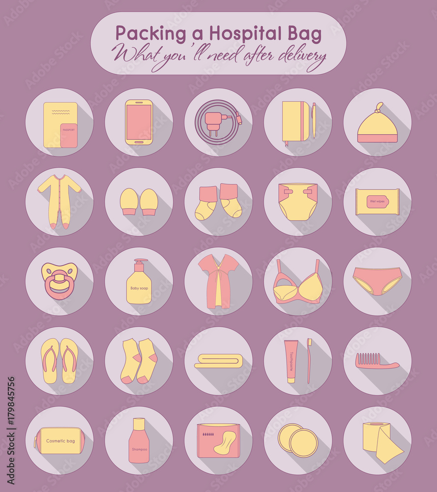 Illustration of things that you'll need after delivery. Packing a hospital bag