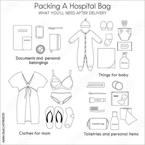 Illustration of things that you'll need after delivery. Packing a hospital bag