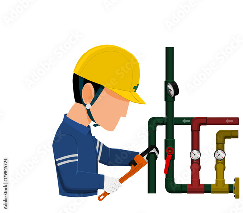 A plumber is fixing the pipe with the monkey wrench
