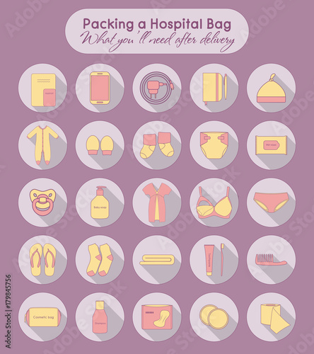 Illustration of things that you'll need after delivery. Packing a hospital bag