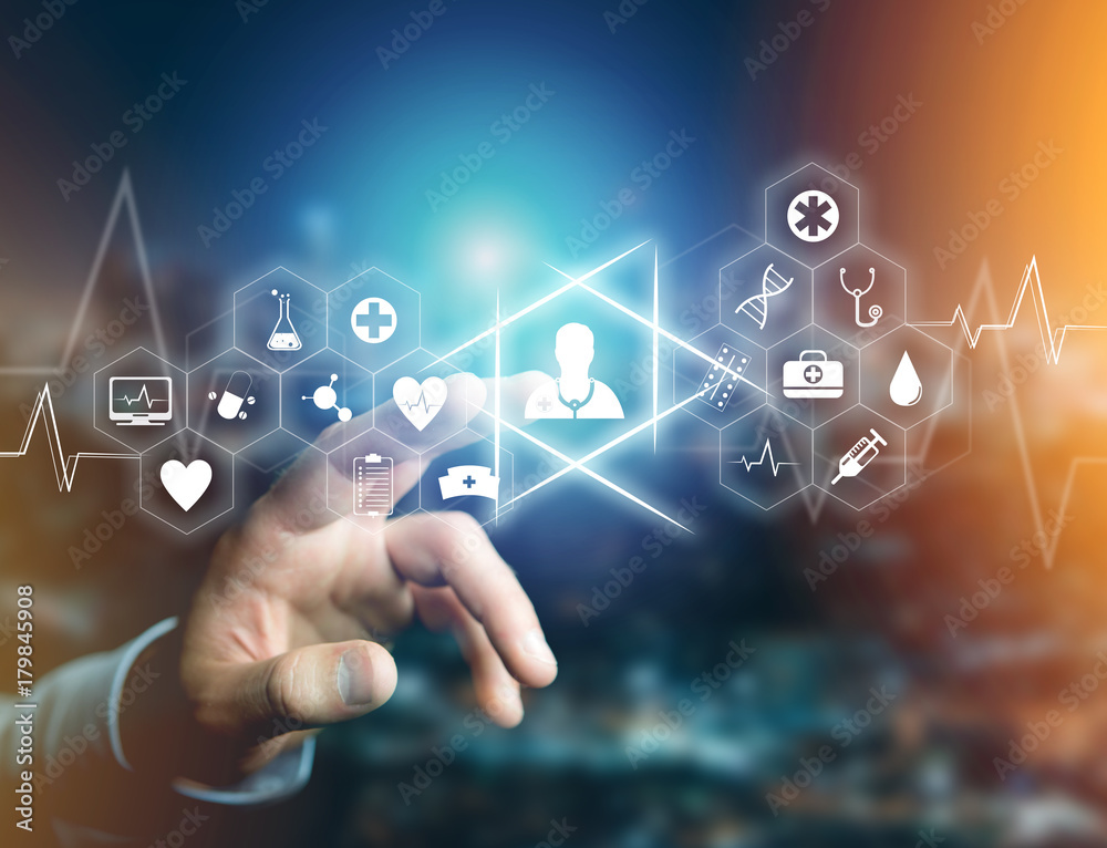 Medecine and general healthcare icon displayed on a technology interface Medecine and general healthcare icon displayed on a technology interface