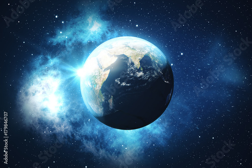 Fototapeta Naklejka Na Ścianę i Meble -  3D Rendering World Globe. Earth Globe with Backdrop Stars and Nebula. Earth, Galaxy and Sun From Space. Blue Sunrise. Elements of this image furnished by NASA