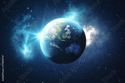 3D Rendering World Globe. Earth Globe with Backdrop Stars and Nebula. Earth, Galaxy and Sun From Space. Blue Sunrise. Elements of this image furnished by NASA