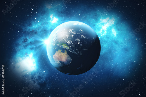 3D Rendering World Globe. Earth Globe with Backdrop Stars and Nebula. Earth  Galaxy and Sun From Space. Blue Sunrise. Elements of this image furnished by NASA