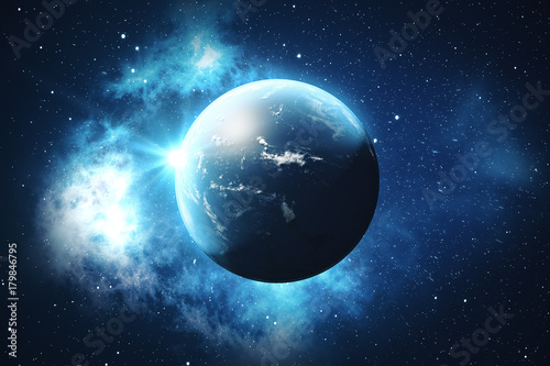 3D Rendering World Globe. Earth Globe with Backdrop Stars and Nebula. Earth  Galaxy and Sun From Space. Blue Sunrise. Elements of this image furnished by NASA