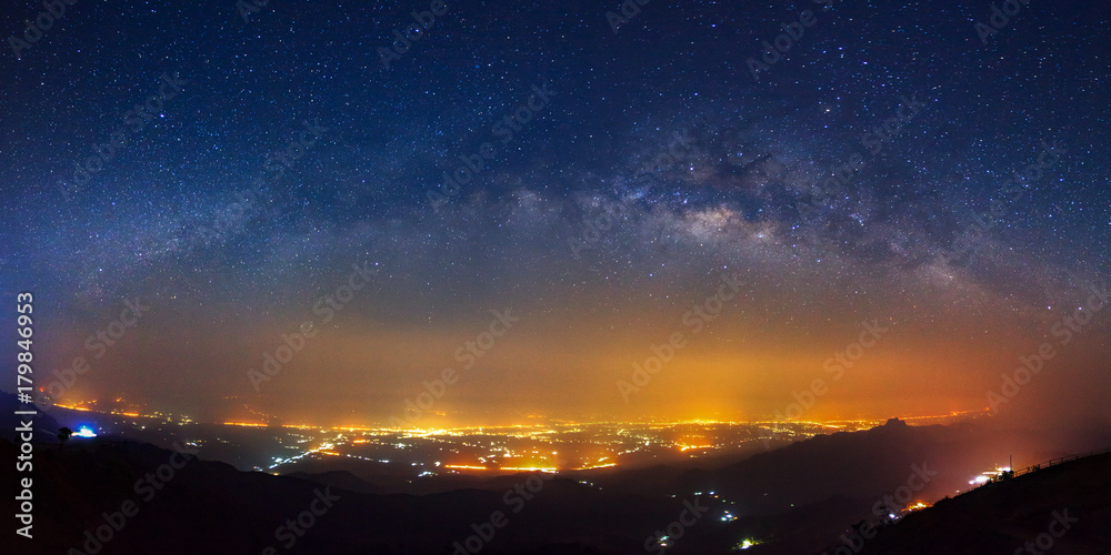 Panorama Milky way galaxy bridge as seen from phutabberk in thailand on a clear summer night.