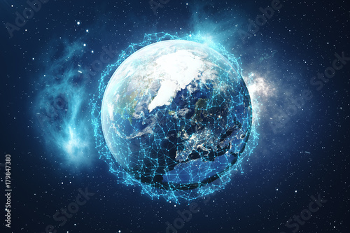 3D Rendering Global Network Background. Connection Lines with Dots Around Earth Globe. Global International Connectivity. Earth from Space With Stars and Nebula. Elements of this image furnished by