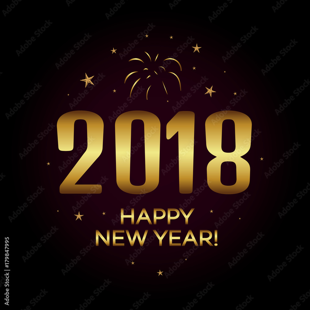 2018 happy new year holiday, christmas card. Gold number with stars and fireworks celebration, vector greeting, black golden background