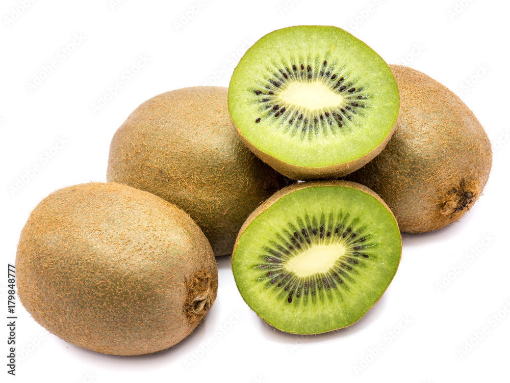 Sliced kiwi fruit (Chinese gooseberry), three whole and two halves, isolated on white background Sliced kiwi fruit (Chinese gooseberry), three whole and two halves, isolated on white background
