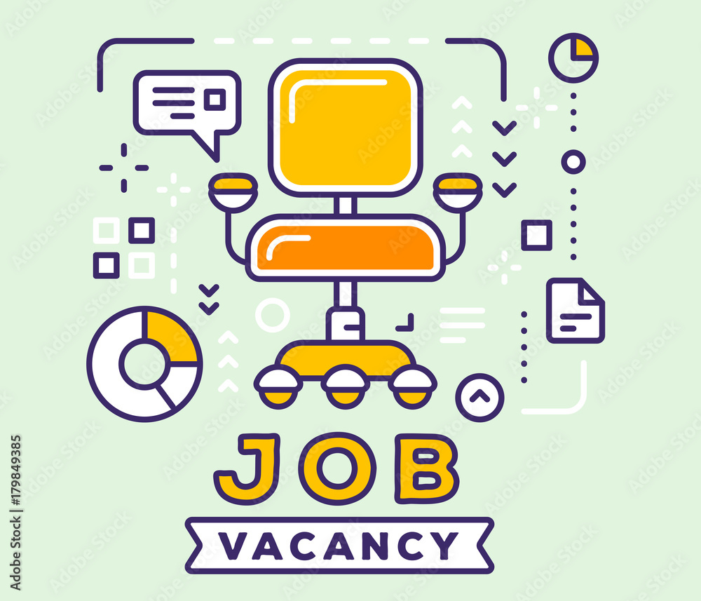 Vector illustration of big color empty office armchair with icons. Job vacancy concept on light background with title.