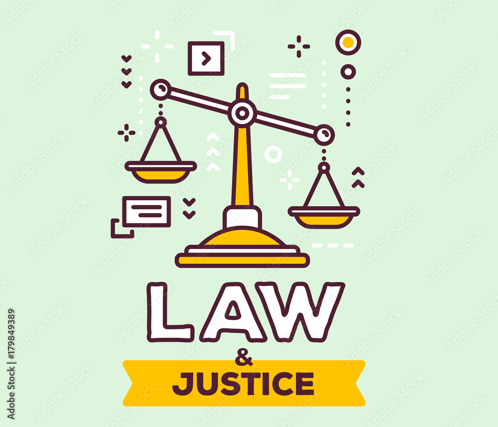 Vector illustration of big yellow justice scales with icons. Law and justice concept on green background with title. Vector illustration of big yellow justice scales with icons. Law and justice concept on green background with title.