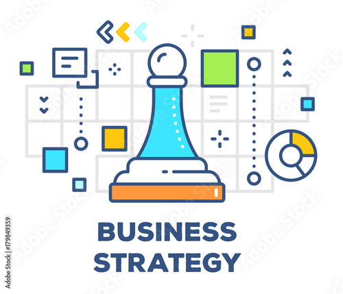 Vector illustration of chess piece pawn with icons. Business strategy concept on white background with title.