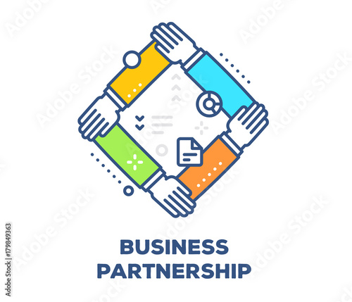 Vector illustration of connected hands together. Business partnership concept on white background with title.