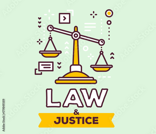 Vector illustration of big yellow  justice scales with icons. Law and justice concept on green background with title.