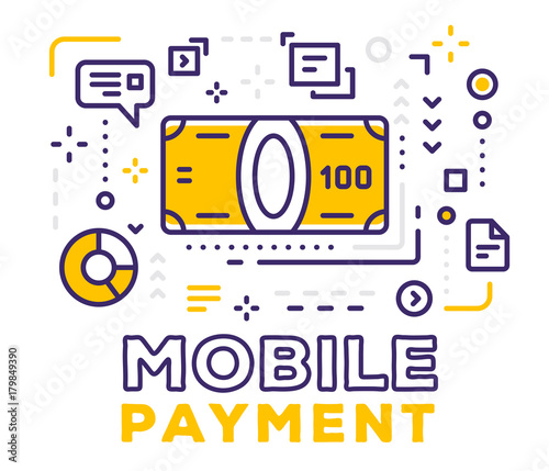 Vector illustration of big yellow banknote with icons. Mobile payment concept on white background with title.