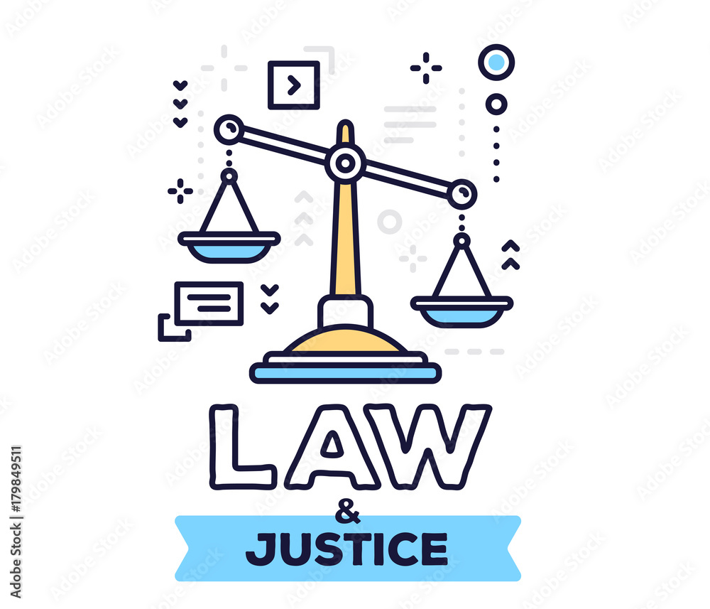 Law and justice concept on white background with title. Vector illustration of big justice scales with icons. Law and justice concept on white background with title. Vector illustration of big justice scales with icons.