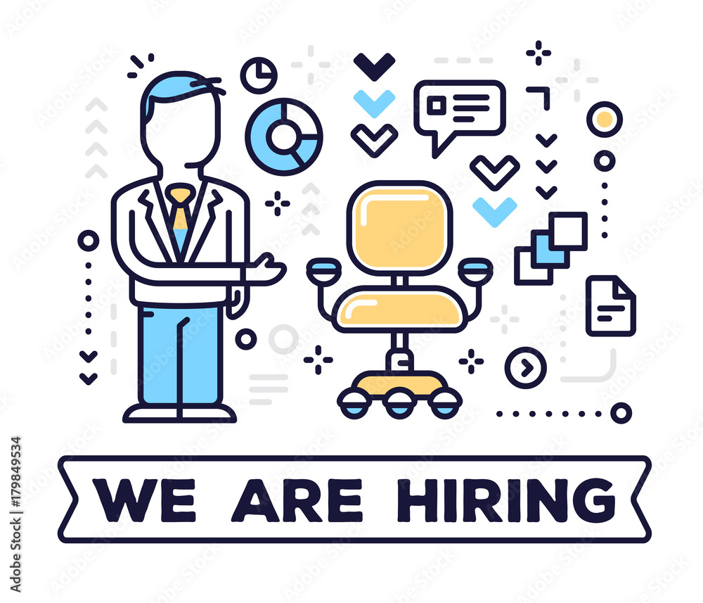 Job vacancy concept on white background with title. Vector illustration of a man head hunter and empty office armchair with icons. Job vacancy concept on white background with title. Vector illustration of a man head hunter and empty office armchair with icons.