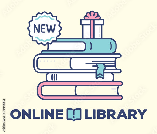 Online library concept on light background with title. Vector illustration of big color stack of books with gift box and label.