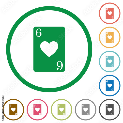 Six of hearts card flat icons with outlines