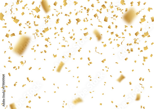 Falling vector confetti. Golden festive shiny confetti glitter background. Realistic illustration isolated on transparent background. Holiday tinsel elements. Christmas or Happy New Year glitter rain.