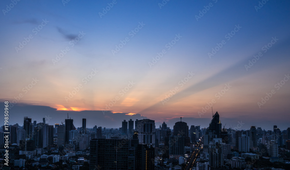urban cityscape in twilight time and sunset light