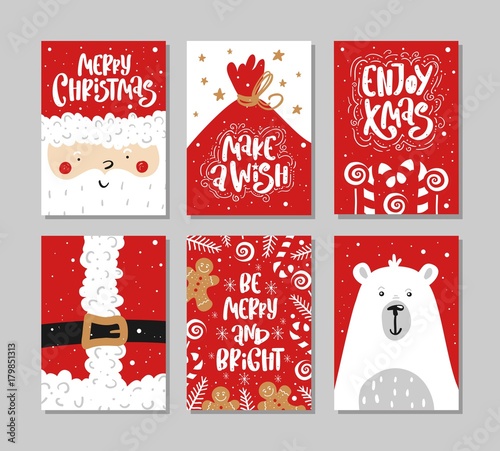 Vector Merry Christmas and Happy New Year greeting card set with calligraphy. Hand drawn design elements. Handwritten modern lettering.