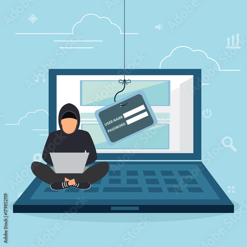 Hacking phishing attack. Flat vector illustration of young hacker sitting on laptop and using laptop to hack protection system. young man with code symbols on blue background