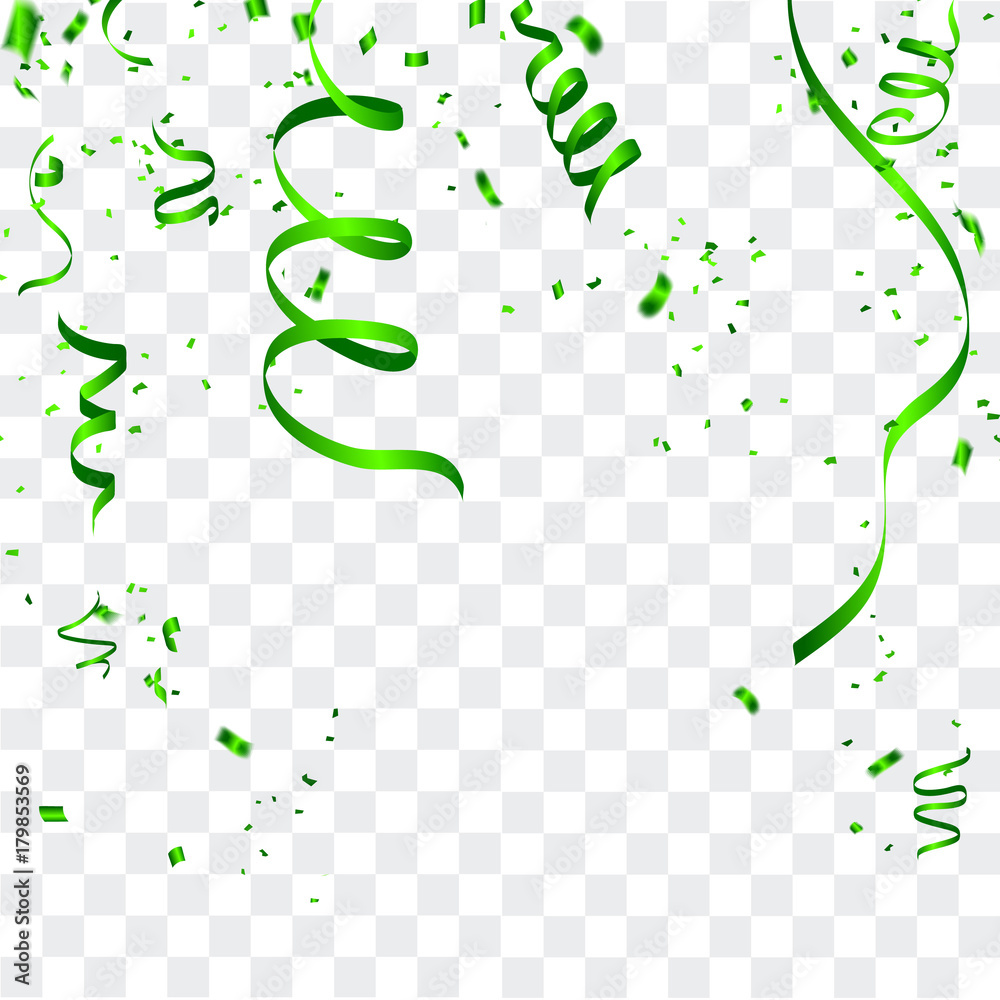 Celebration background template with confetti and green ribbons. Holiday Decorative Tinsel Element for Design Celebration background template with confetti and green ribbons. Holiday Decorative Tinsel Element for Design