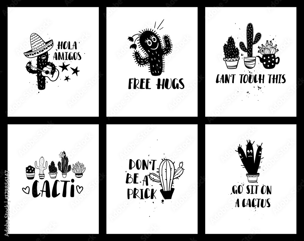 Graphic Set Of Funny Cacti Cards And Lettering.