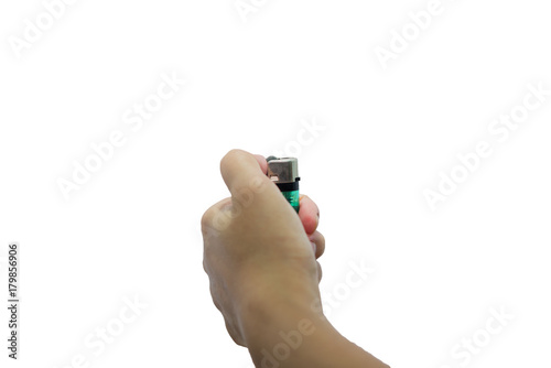 Closeup hand holding lighter isolate on white backround photo