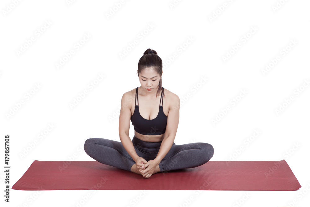 Portrait of young asian woman exercise playing yoga isolated white background Portrait of young asian woman exercise playing yoga isolated white background