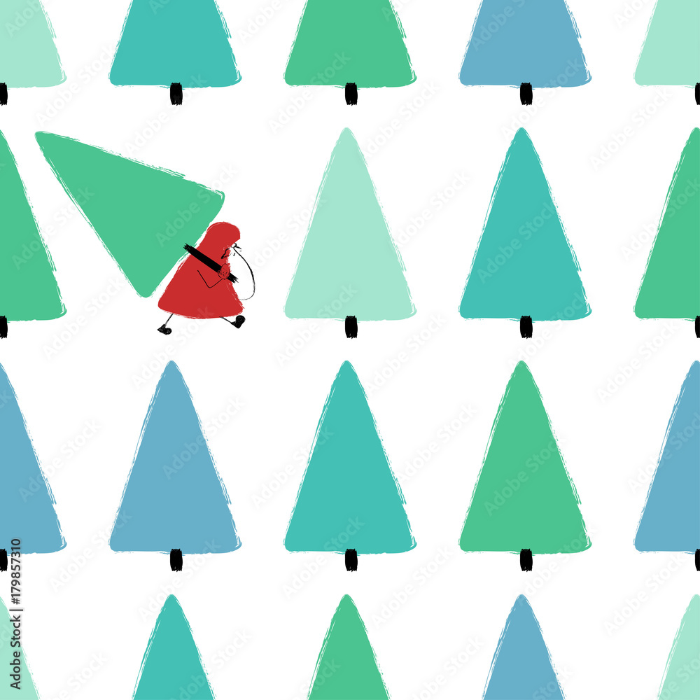 Santa Stealing Christmas Tree Seamless Pattern.