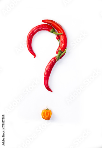 Question made with chillies on a white background